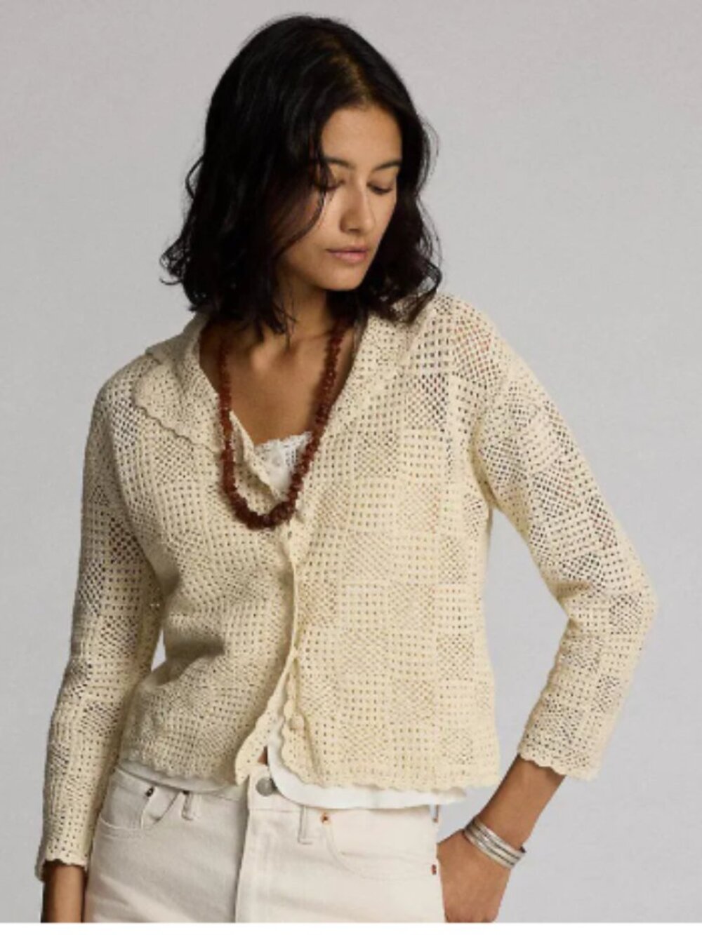 RRL Ralph Lauren Hand-Crocheted Cotton Cardigan in Beige 2
